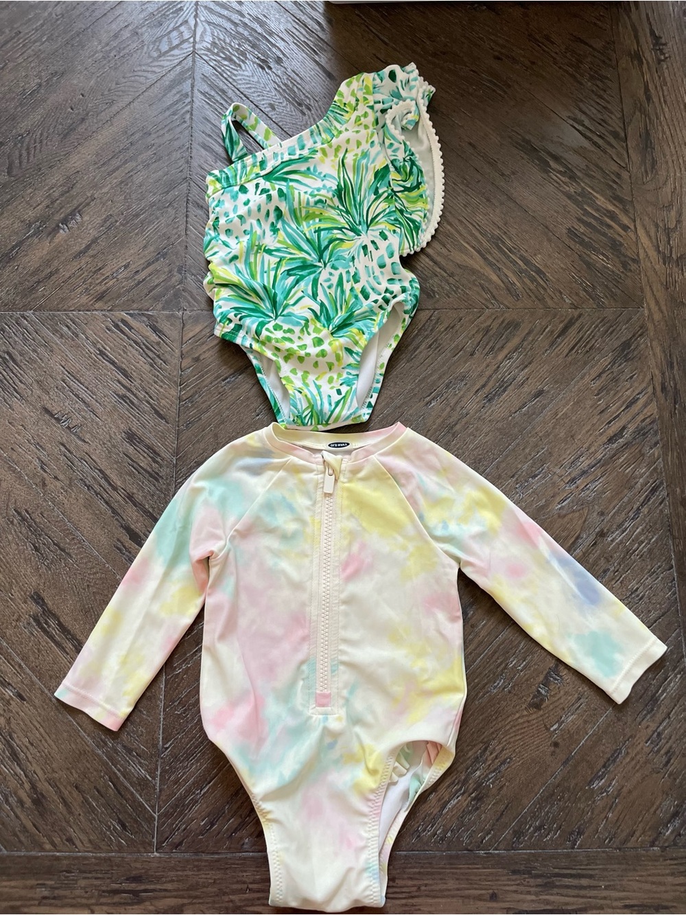 Janie and Jack Palm Print One-Shoulder Swimsuit & Old Navy Tye Dye Rashguard